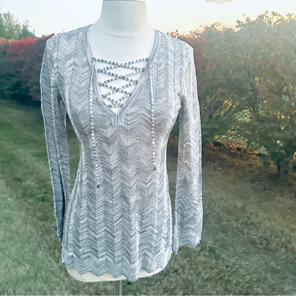 White House Black Market Gray Chevron Lace Up Sweater